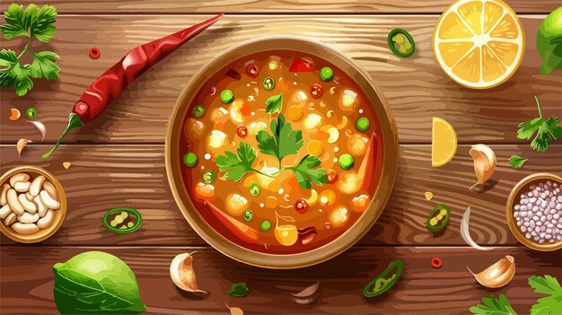 Vector delicious pozole soup in bowl with fresh ingredients on light wooden table