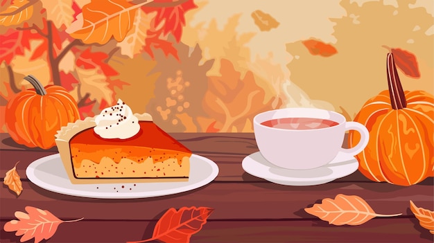 Vector delicious pumpkin pie and tea on wooden table