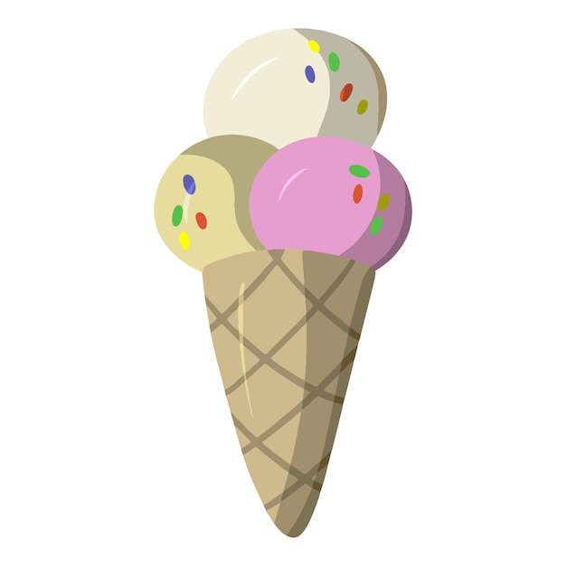 Delicious round vanilla and fruit ice cream in a waffle cup cone cartoon vector illustration flat