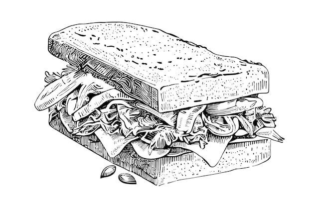 Delicious sandwich hand drawn engraving style sketch Restaurant business concept Vector