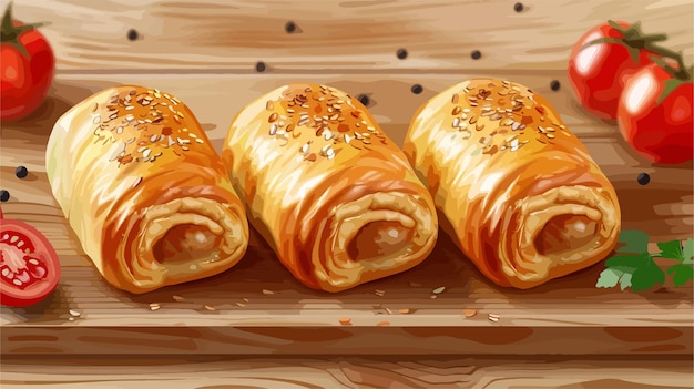 Vector delicious sausage rolls on wooden table in vector style