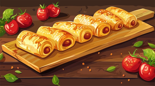 Vector delicious sausage rolls on wooden table in vector style