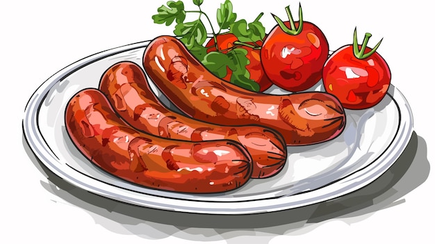 Vector delicious sausages and tomatoes on white background