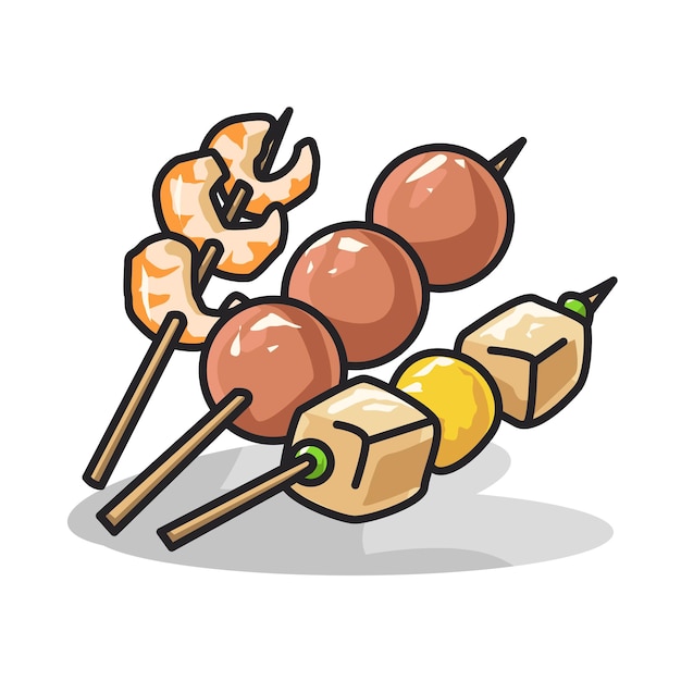 Delicious Shrimp meatball and vegetable barbeque in cute line art illustration