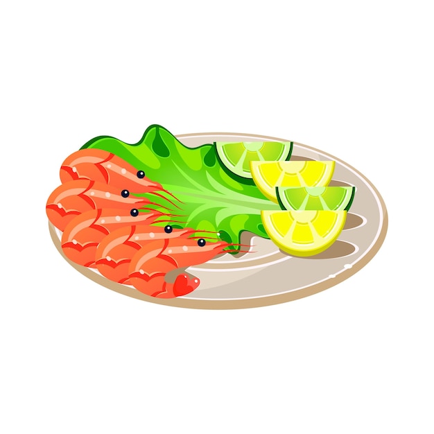 Delicious Shrimps with Salad and Lemon on a Plate. Vector Illustration