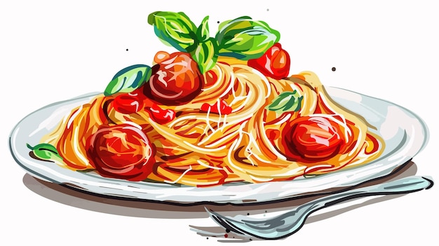 Vector delicious spaghetti with tomato sauce and basil leaves