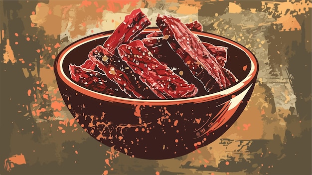 Delicious Spicy Beef Jerky in Bowl on Grunge Background