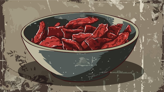 Vector delicious spicy beef jerky in bowl on grunge background