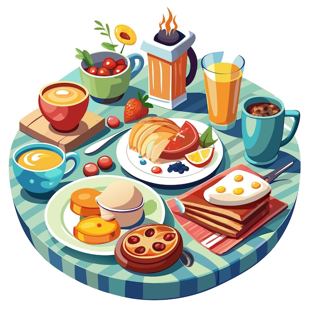 Vector delicious spread of food on a table with a hot cup of coffee for breakfast or brunch