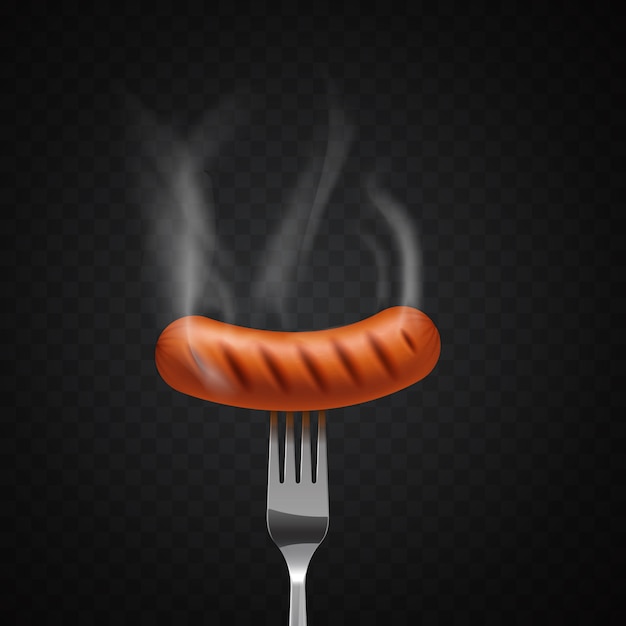 Delicious steaming sausage on a fork on dark 