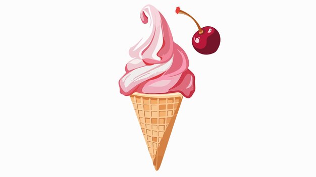 Vector delicious strawberry ice cream in cone with fresh cherry illustration