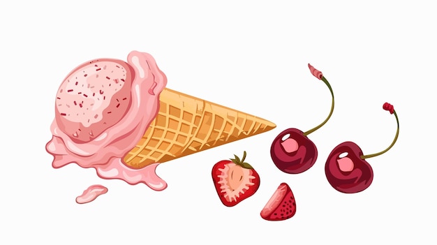 Vector delicious strawberry ice cream in cone with fresh cherry illustration