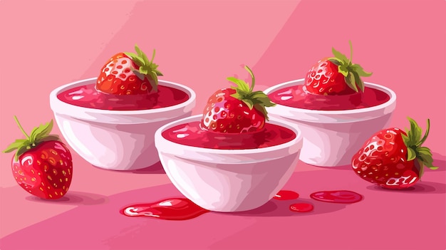 Vector delicious strawberry jam bowls on vibrant color background