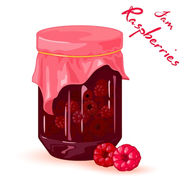 Delicious sweet canned jam in glass jar, vitaminized raspberry jam for dessert.