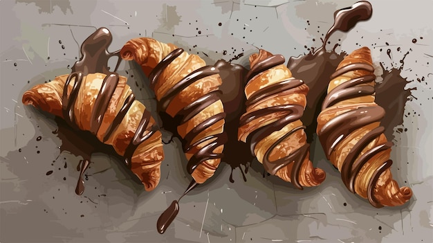 Delicious Tasty Croissants with Chocolate Sauce on Grey Texture