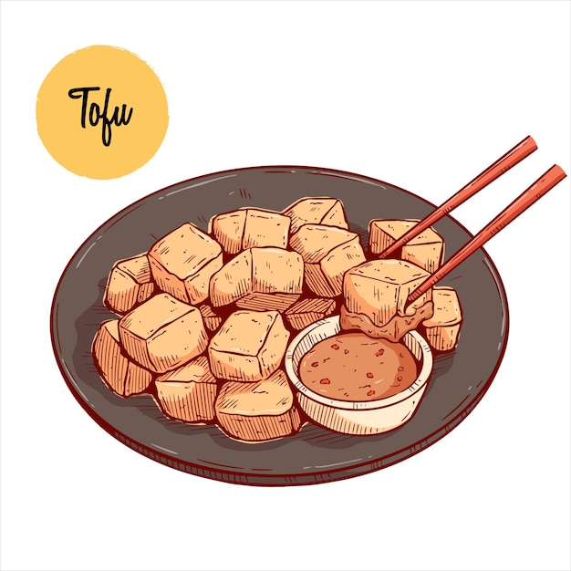 Delicious tofu with peanut sauce on black plate. Chinese food with colored hand drawing style