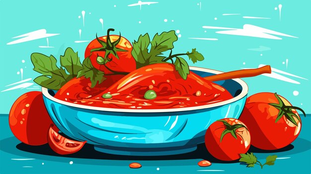 Vector delicious tomato sauce and ingredients in bowl on turquoise background