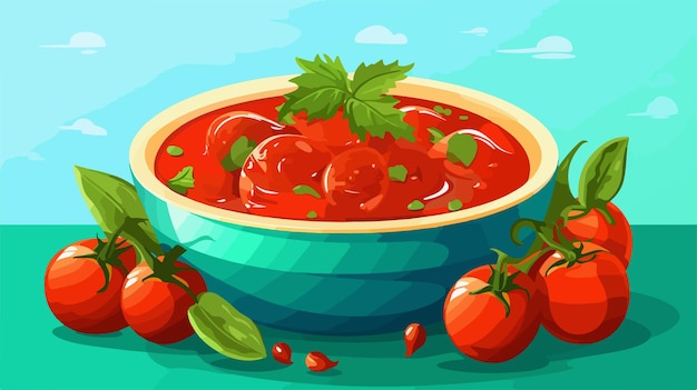 Vector delicious tomato sauce and ingredients in bowl on turquoise background