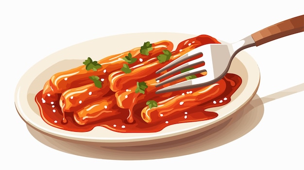 Vector delicious tteokbokki noodle vector on fork culinary delight