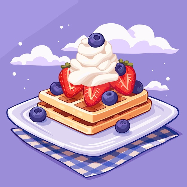 Delicious waffle with whipped cream strawberries and blueberries