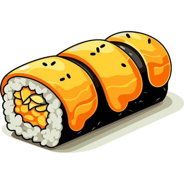 A deliciouslooking cartoon illustration of a sushi roll topped with a creamy yellow sauce and black sesame seeds