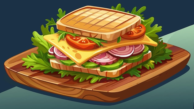 Vector a deliciously grilled sandwich loaded with ham melted cheese and fresh greens on a rustic wooden b