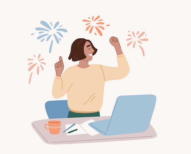 Delighted woman is dancing at work place celebrating success Happy expression  vector illustration