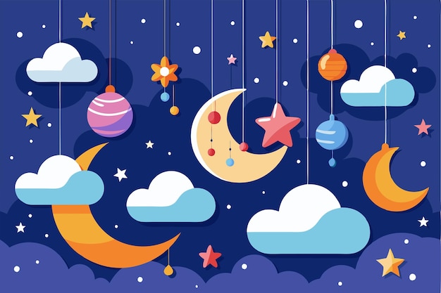 A delightful arrangement of colorful moons stars and clouds suspended in a whimsical night sky setting creates a magical atmosphere