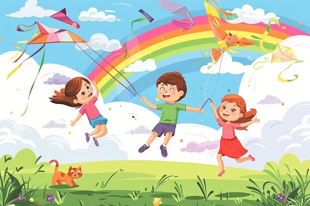 Delightful Cartoon Kids Flying Kites on Grass