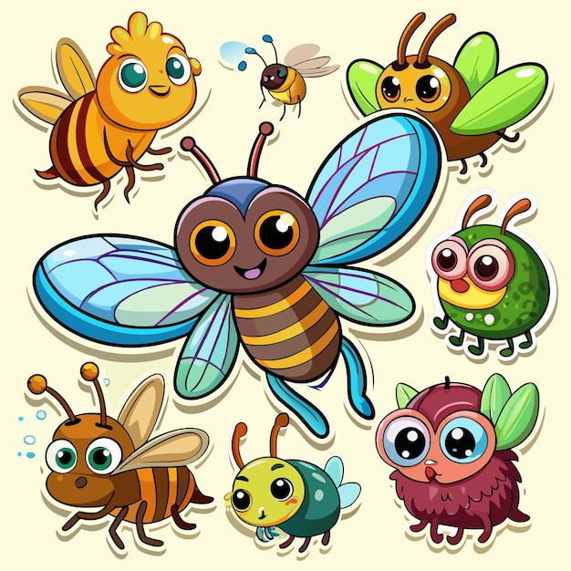 Vector delightful cartoon vector stickers depicting an array of adorable flies