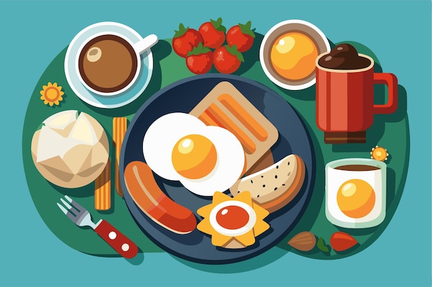 Vector a delightful english breakfast includes eggs sausages toast strawberries and steaming coffee enjoyed together customizable english breakfast illustration