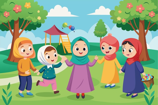 A delightful gathering of Muslim girls engaged in playful activities at a park surrounded by trees and enjoying the sunny weather