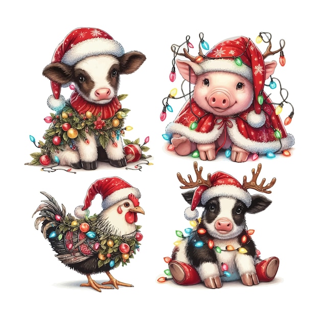 A delightful handdrawn illustration featuring four adorable animals for Christmas