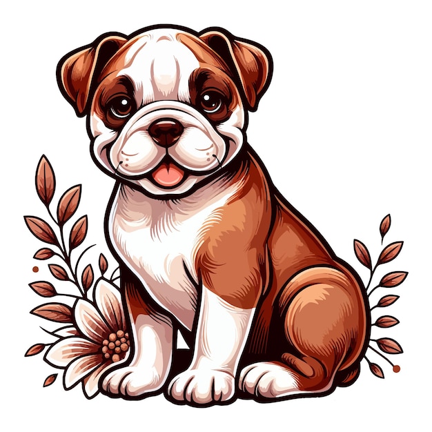 delightful illustration features an adorable brown and white bulldog puppy