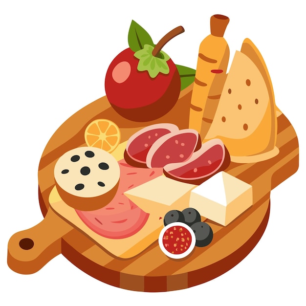 A delightful Italian antipasto meal with a variety of sliced meats cheeses and bread on a wooden b