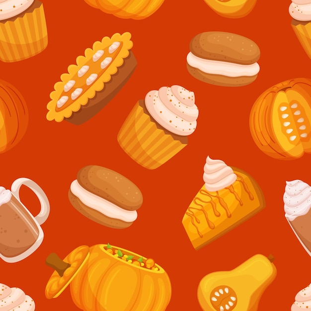 Delightful Seamless Pattern Featuring A Variety Of Pumpkin Meals Perfect For Autumnthemed Decorations Crafts And Textiles Soup Pie Cocktail and Pastry Tile Cartoon Vector Illustration