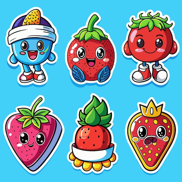 Vector delightful set of six strawberry stickers with isolated background