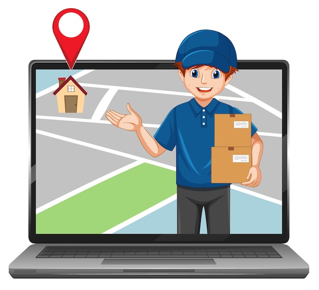 Deliver or courier man in blue uniform cartoon character in laptop display