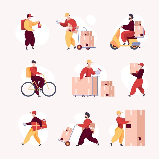 Vector deliver workers delivery services warehouse guy packing movers postman with boxes safety containers garish vector illustrations flat style