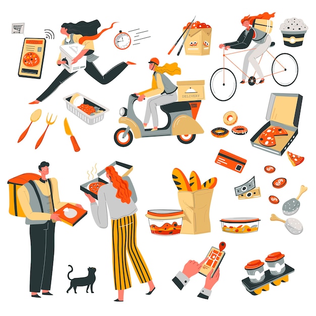 Delivering ordered food in time, deliveryman and client. Pizza and baguette, sushi and hot coffee beverage, noodles and lunchbox. Courier on moped or bicycle, phone application vector in flat style