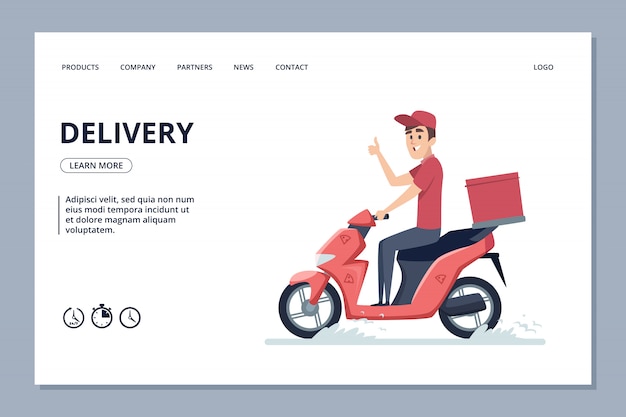 Delivery  banner. Courier man on scooter and parcels