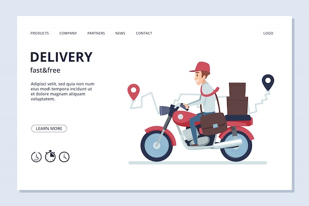 Delivery banner. Delivery man on motorcycle with parcels