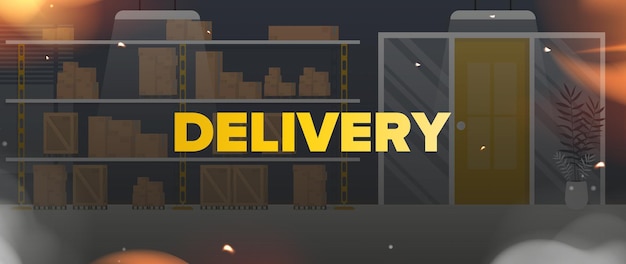 Delivery banner. Warehouse with racks and boxes. Large warehouse. Cartoon style. Vector illustration.