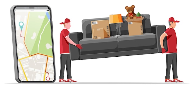 Delivery character man movers carry sofa and phone