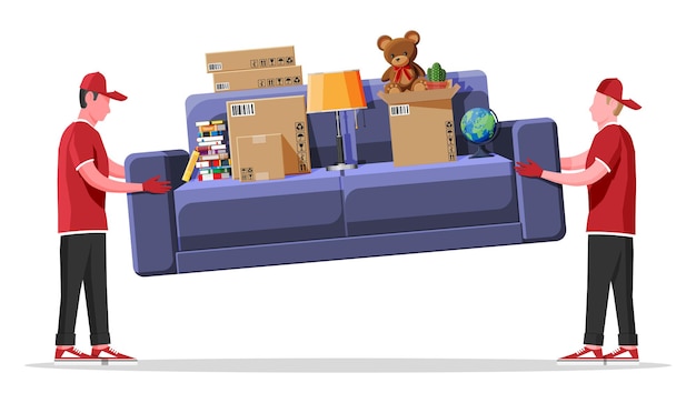 Vector delivery character man movers carry sofa with household items