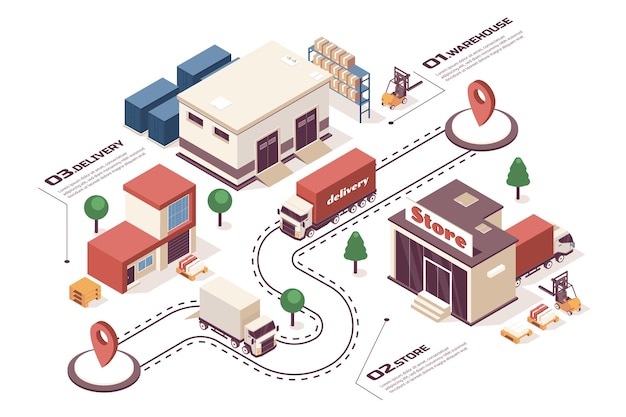 Vector delivery company concept 3d isometric web infographic workflow process infrastructure map with warehouse storage store building logistic service vector illustration in isometry graphic design