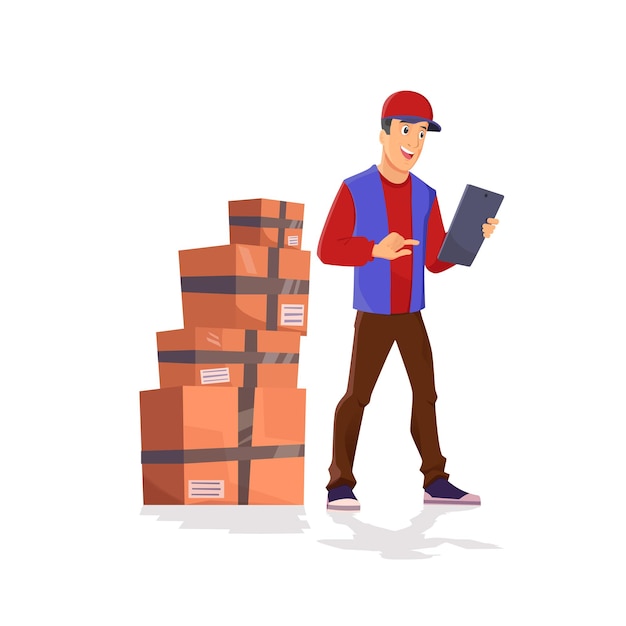 Delivery concept. Funny character man with tablet isolated on white with boxes.