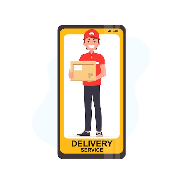 Delivery courier man holding Parcel Box at screen mobile phone