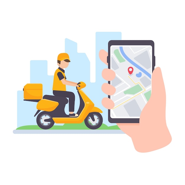 The delivery driver drives through a mobile phone with a map screen online food delivery concept