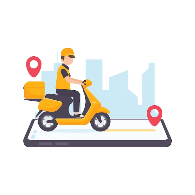 The delivery driver drives through a mobile phone with a map screen online food delivery concept